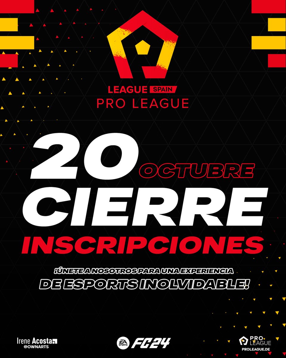 📢 Atención el día 20 cerramos la inscripción de nuevos equipos a ProLeague Spain.

Posteriormente anunciaremos la fecha de cierre de mercado, divisiones y el calendario.

Inscripciones en discord: discord.gg/hMpvsGUWkF

#crossplay #EAFC24 #ProLeague