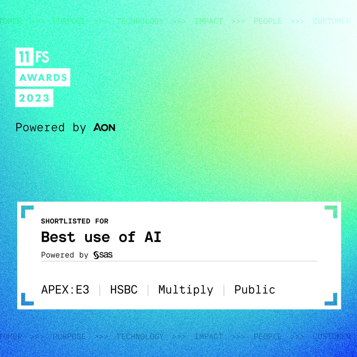 The 11:FS Award for Best use of AI, powered by @SASsoftware, recognises the FS companies harnessing AI for the benefit of their customers. Congratulations to this year's shortlist! 11fsawards.com | #11FSAwards powered by @Aon_plc