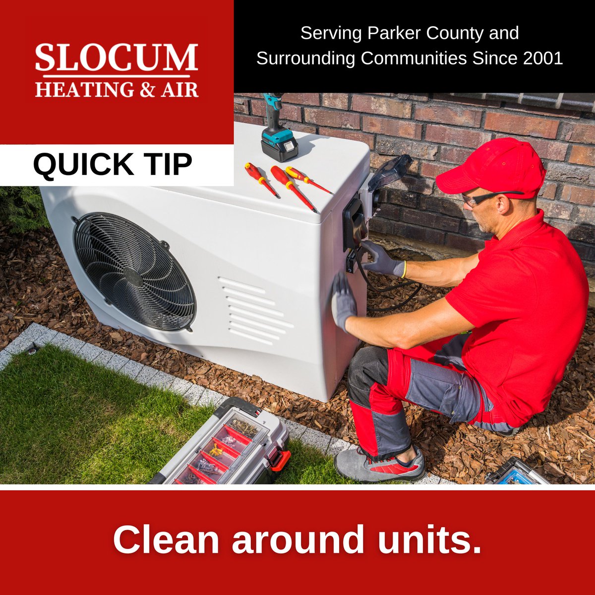 AirSlocum's tweet photo. Don’t forget to declutter both your interior and exterior units. Remove flammable items, and gently wipe down the units themselves. Clean around units.

Call us at 817-599-9426.
https://t.co/YflvO2Z2NV

#SlocumHeatingAndAir #Heating #HeatingR... https://t.co/MmUKUFETiC