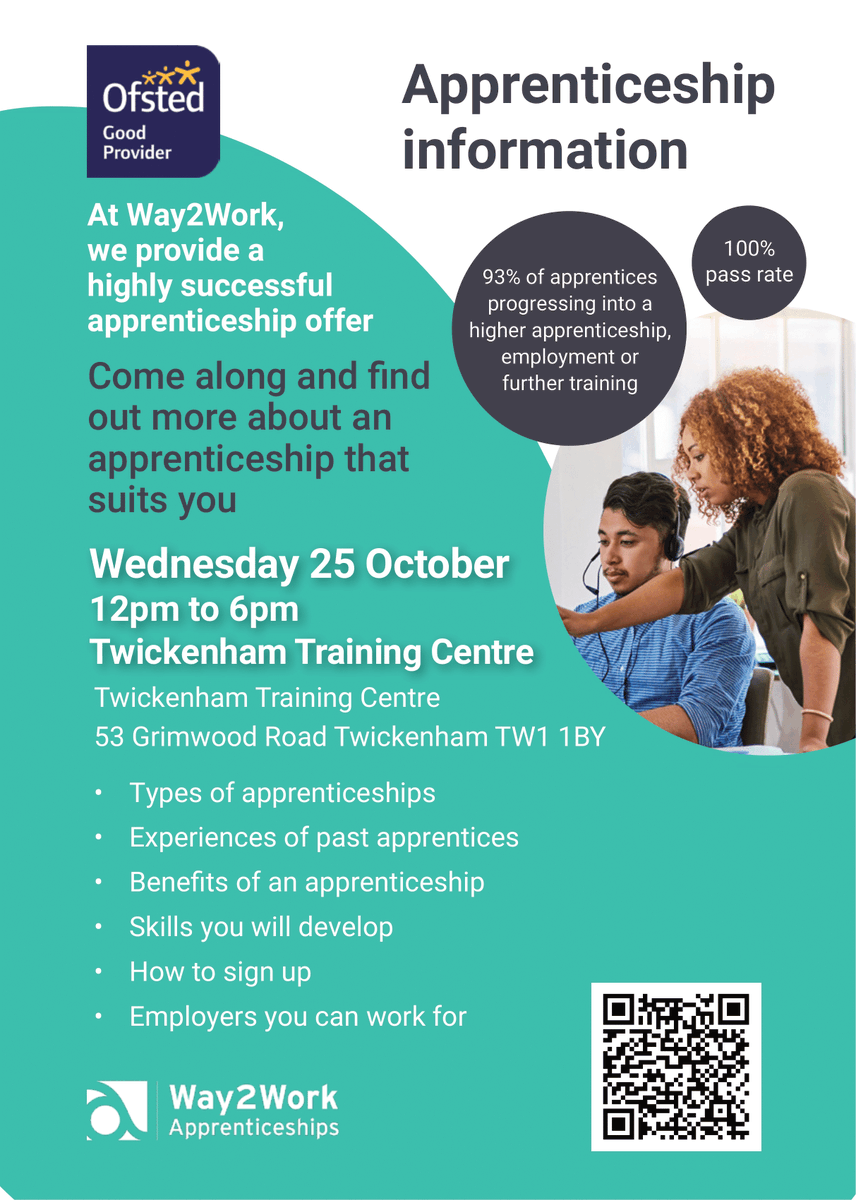 Way2WorkJobs's tweet photo. On Wednesday 25th October we will be having a drop in session at Twickenham Training Centre between 12pm - 6pm!
You'll be able to find out the types of apprenticeships we offer, the benefits and who you could be working for!
We hope to see you there!
#way2work #apprenticeships https://t.co/Y3kM1lq7O3