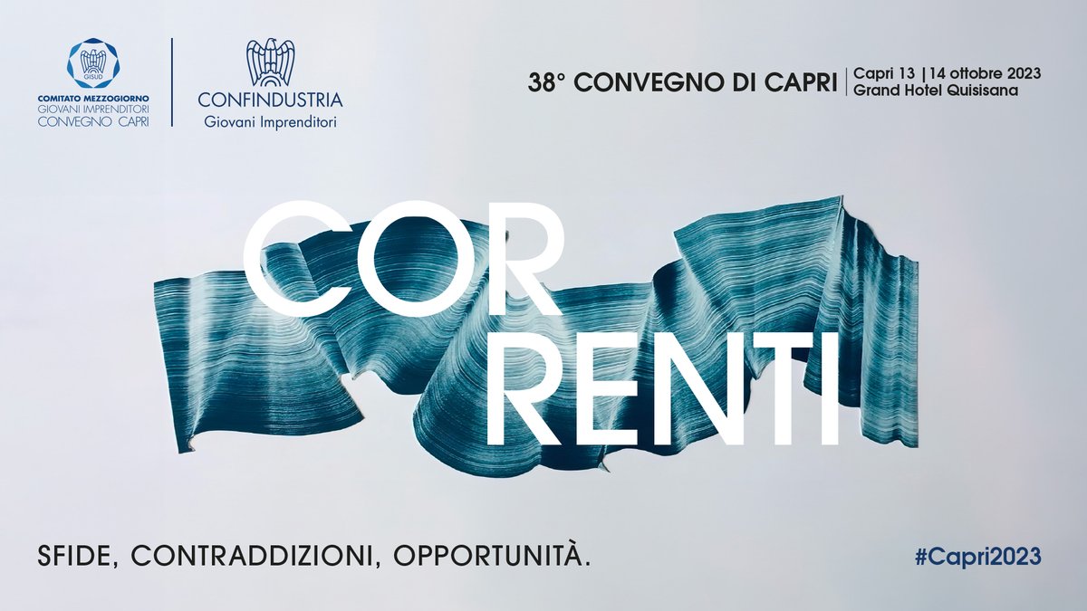 #Capri2023 | Inizia “Correnti: sfide, contraddizioni, opportunità”, il nostro 38° Convegno di Capri.
🎙️Modera i lavori: <a href="/gaiatortora/">Gaia Tortora🐦</a>  

🔵Segui la diretta streaming: giovanimprenditori.org
🔵e sulla nostra pagina Facebook facebook.com/GIConfindustria