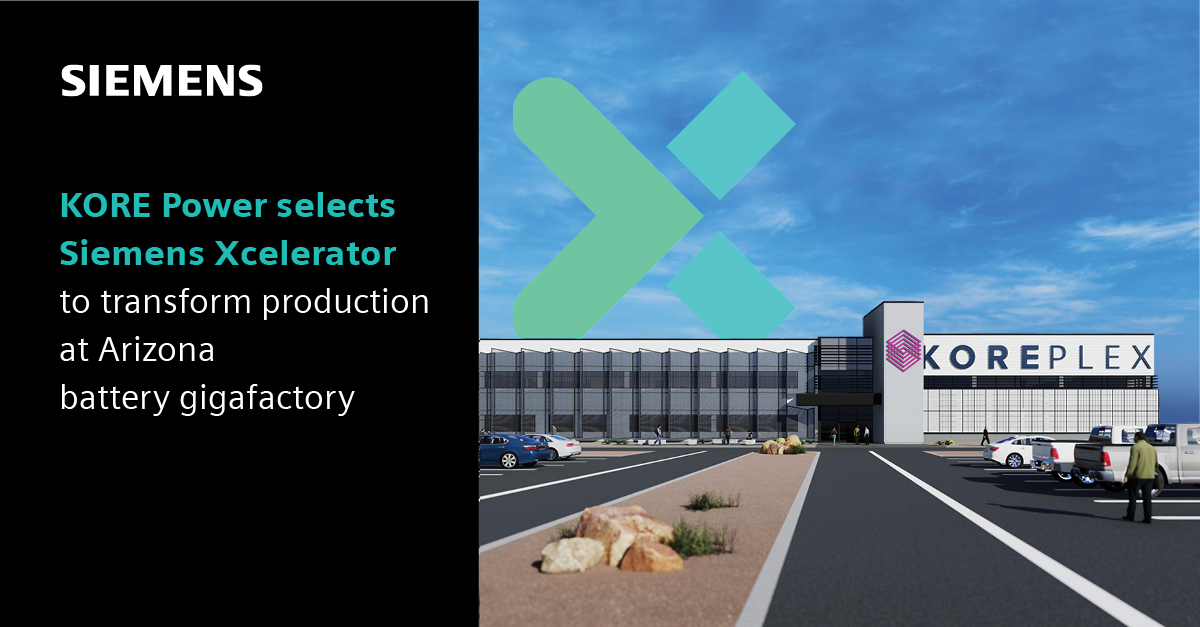 SiemensUSA's tweet image. We’re accelerating U.S. #battery production for clean energy and electric vehicles ⚡ 

@kore_power is leveraging our #SiemensXcelerator technologies for their #KOREPlex gigafactory in Arizona to model the future of advanced #manufacturing.