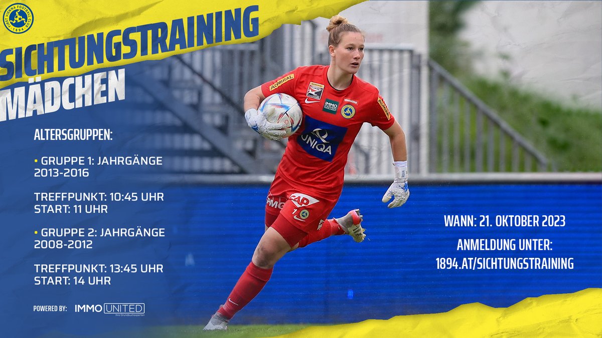 Am 21. Oktober findet bei uns auf der Hohen Warte ein Sichtungstraining für Mädchen statt, bei welchem sie ihr Talent unter Beweis stellen können. ⚽️👀 Wir freuen uns auf euer Kommen! 🤗

Anmelden unter 👉 1894.at/sichtungstrain…

IMMOunited GmbH | #ViennaFamily #FrauenPower