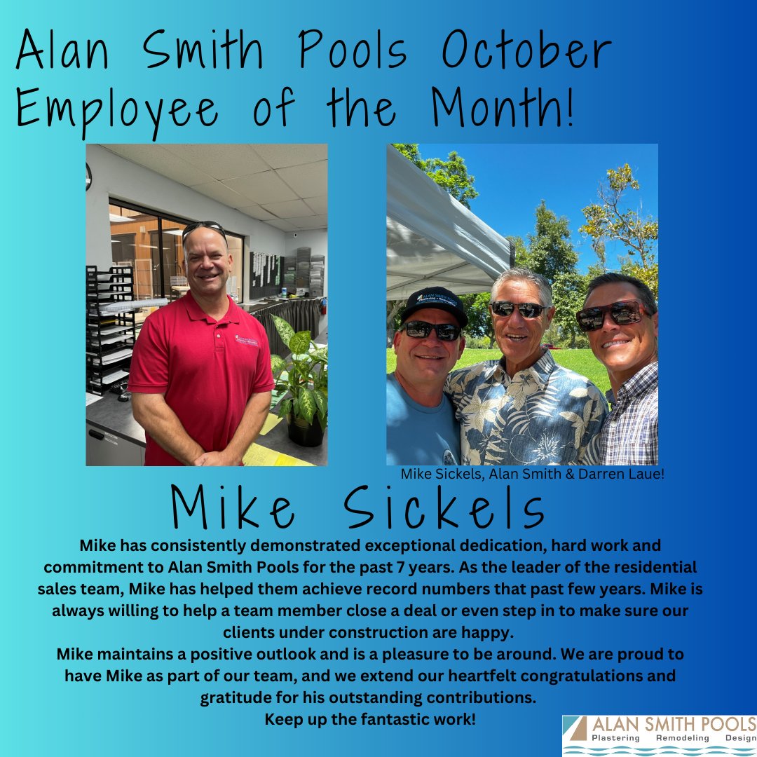 PoolRemodeling's tweet image. Our October Employee of the Month: Mike Sickels!
Shout out to Mike for leading our Sales Team! 
#alansmithpools #awesomeEmployee #greatplacetowork