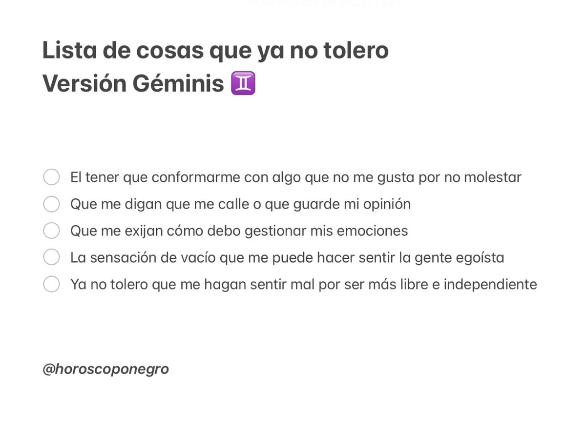 geminis_hn's tweet photo. Lista de cosas que ya no tolero ❌ Versión #Geminis ✨🔮✨ #horoscoponegro https://t.co/FE3d4h1Xrv