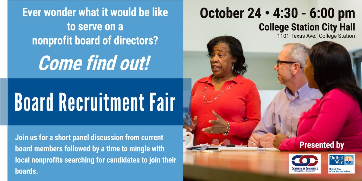 All are welcome at the nonprofit board recruitment fair! Hosted by B/CS Chamber of Commerce and <a href="/UnitedWayBV/">United Way BV</a>, here's your chance to learn more about our local nonprofit opportunities.