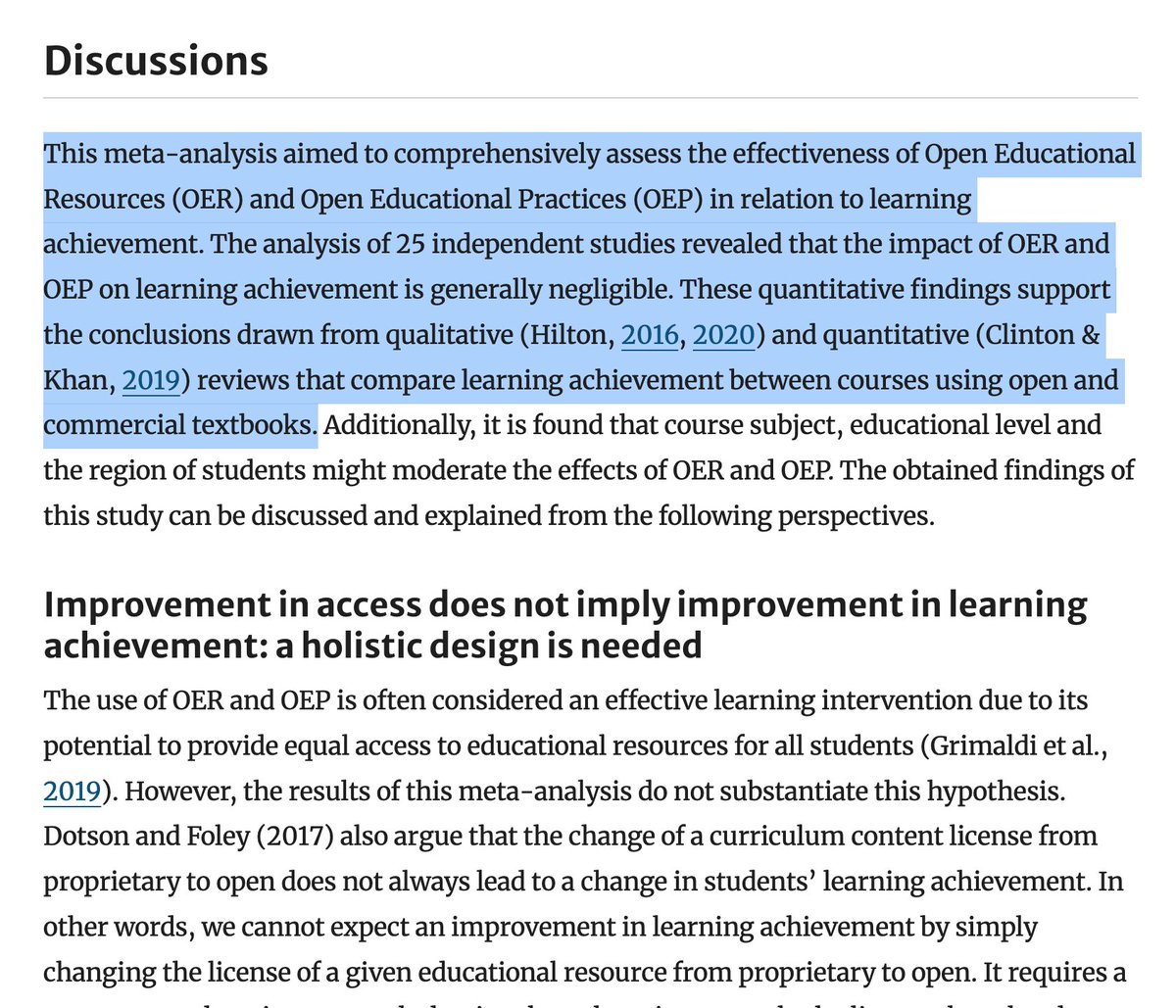 opencontent's tweet photo. People really need to stop saying that adopting #OER improves student outcomes. *It doesn't.* I'm grateful to have worked with some great authors on this new meta-analysis.

Student outcomes improve when instructors teach more effectively and when students study more effectively. https://t.co/dwHQlCc7Ed