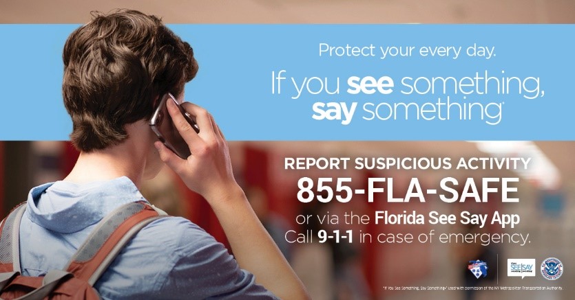 fdlepio's tweet photo. #FlSeeSay #855flasafe
What is suspicious activity?
A vehicle parked in an odd or prohibited location, a bag left unattended, or a person buying large quantities of cell phones, radio-controlled cars, or timers.
Learn more here: https://t.co/aYiIMbMUMk
#KeepingFloridaSafe https://t.co/KTnPe0yqu8