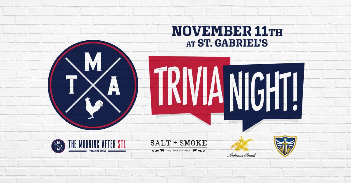 Tickets are on sale now for the 2nd annual TMA Trivia Night on November 11th at St. Gabe's! 

Tickets include food from <a href="/saltandsmokebbq/">Salt + Smoke</a> and beer from @anheuserbusch

A portion of the proceeds from the night will go to St. Gabe's. 

Link below to purchase

tmastl.com/event/tma-triv…