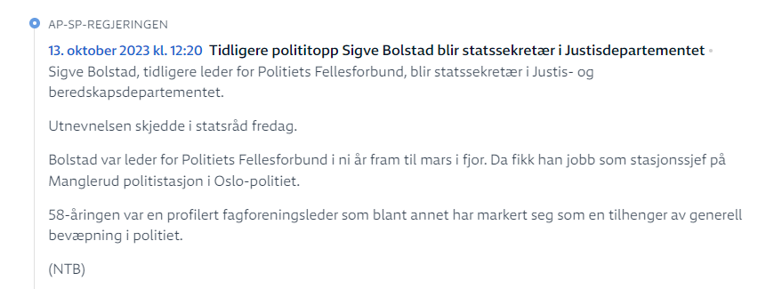 dagw's tweet photo. Sigve Bolstad, som som leder av PF kjempet mot rusreform og innsyn i NNPFs medlemslister, blir ny statssekretær for Mehl med ansvar for politiet. Han har aldri markert seg som aktiv i Senterpartiet (hvis han har vært medlem), som nå framstår mer og mer som Politipartiet. https://t.co/KgWJGMSufK