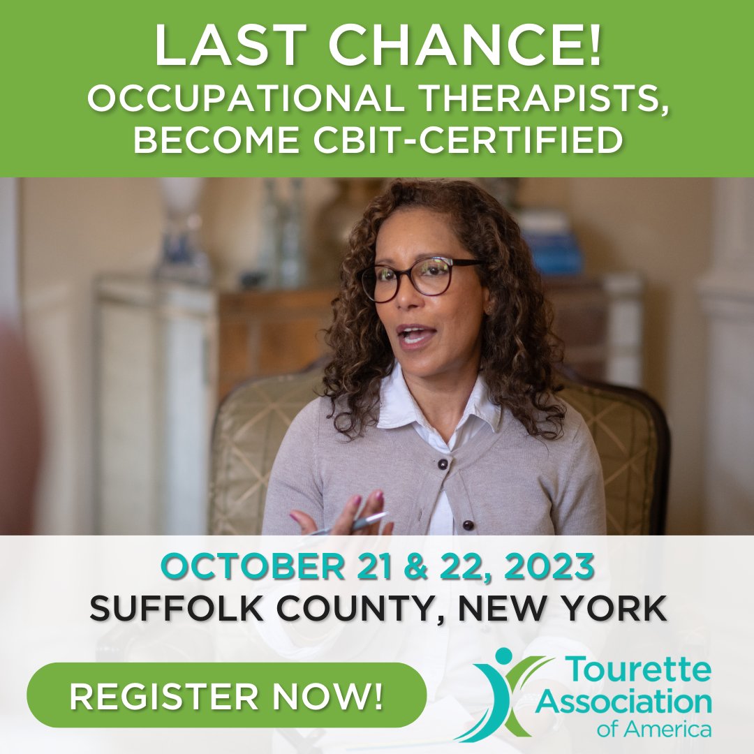TouretteAssn's tweet photo. 🚨LAST CHANCE! Don't miss out on this chance to become CBIT-certified!
Registration closes tonight for our exclusive In-Person CBIT Training for Occupational Therapists. Full scholarships are still available.
📝Register now at https://t.co/sQrJJnl7dm  
#OccupationalTherapy https://t.co/gcPLYxuCyl