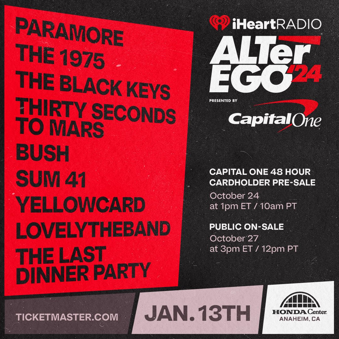 See you at the 2024 @iheartradio ALTerEGO on January 13th in Anaheim, CA! Tickets on sale Friday, October 27th at 12pm pt. #IHeartALT