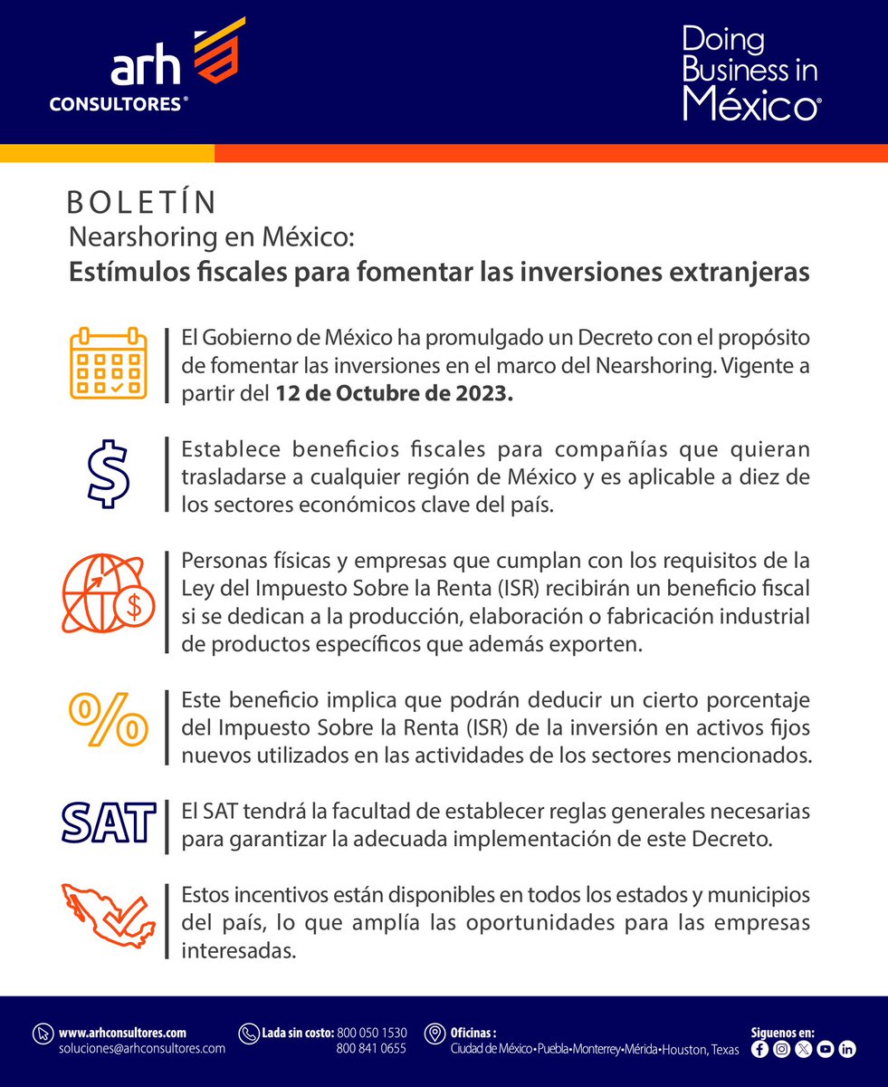 Que debemos saber del Decreto de #EstímulosFiscales para fomentar la Inversión Extranjera en México 🇲🇽 publicado en el DOF el pasado 12 de Octubre.
#Nearshoring
#DoingBusinessinMéxico