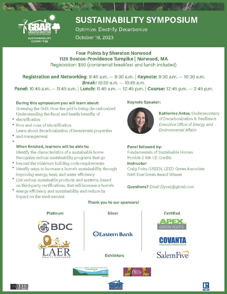 Last chance to register for the Sustainability Symposium at the discounted price of $40! This is your chance to the truth and myths abut electrification and decarbonization and earn 2 CEs in the process. #ElectrifyMe #bostonrealtor 

Register here: gbreb.com/GBAR/Sites/GB/…