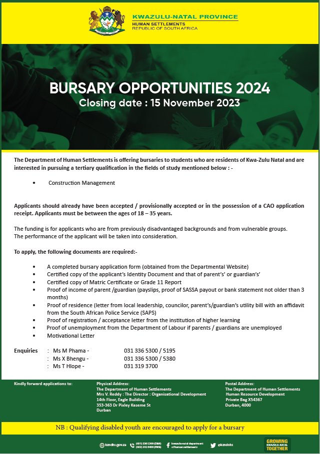KZNDoHS's tweet photo. Bursary Opportunities 2024: https://t.co/IGcOqfuDnW https://t.co/tjinflj1oW
