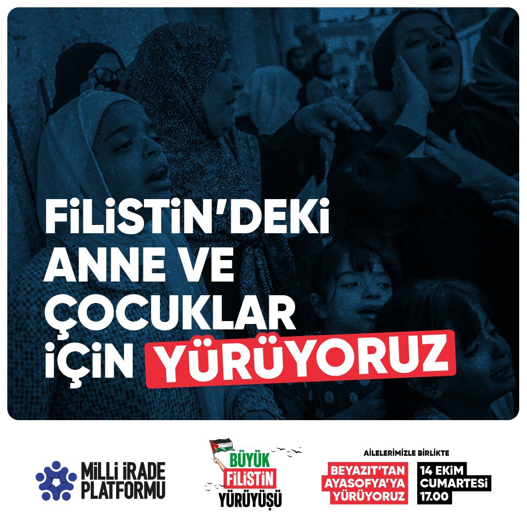 Filistin’deki anne ve çocuklar için yürüyoruz!

📍 BÜYÜK FİLİSTİN YÜRÜYÜŞÜ

🗓 14 Ekim Cumartesi
🕔 17:00

#AksaTufanı
#BüyükFilistinYürüyüşü
#ÖzgürKudüs