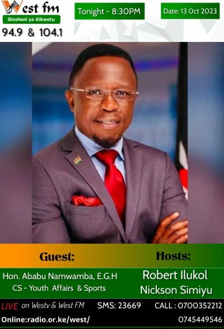 robertilukol's tweet photo. Tune in tonight as we host the CS Youth Affairs &amp; Sports Hon Ababu Namwamba E.G.H @WestFmKenyaa 
@nabanginick1 
@mfalmeKab 
@SimiyuObed 
@Levi https://t.co/M3Erb7dX5r