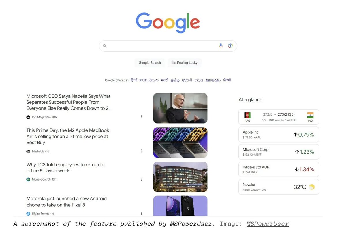🔴Google Discover llega a desktop.

Google confirma que está testeando para mostrar el feed en su página principal. Esto podría cambiar mucho la estrategia de medios en este canal.

Via <a href="/glenngabe/">Glenn Gabe</a>. Imagen y fuente primaria de la información <a href="/mspoweruser/">MSPowerUser</a>
theverge.com/2023/10/13/239…