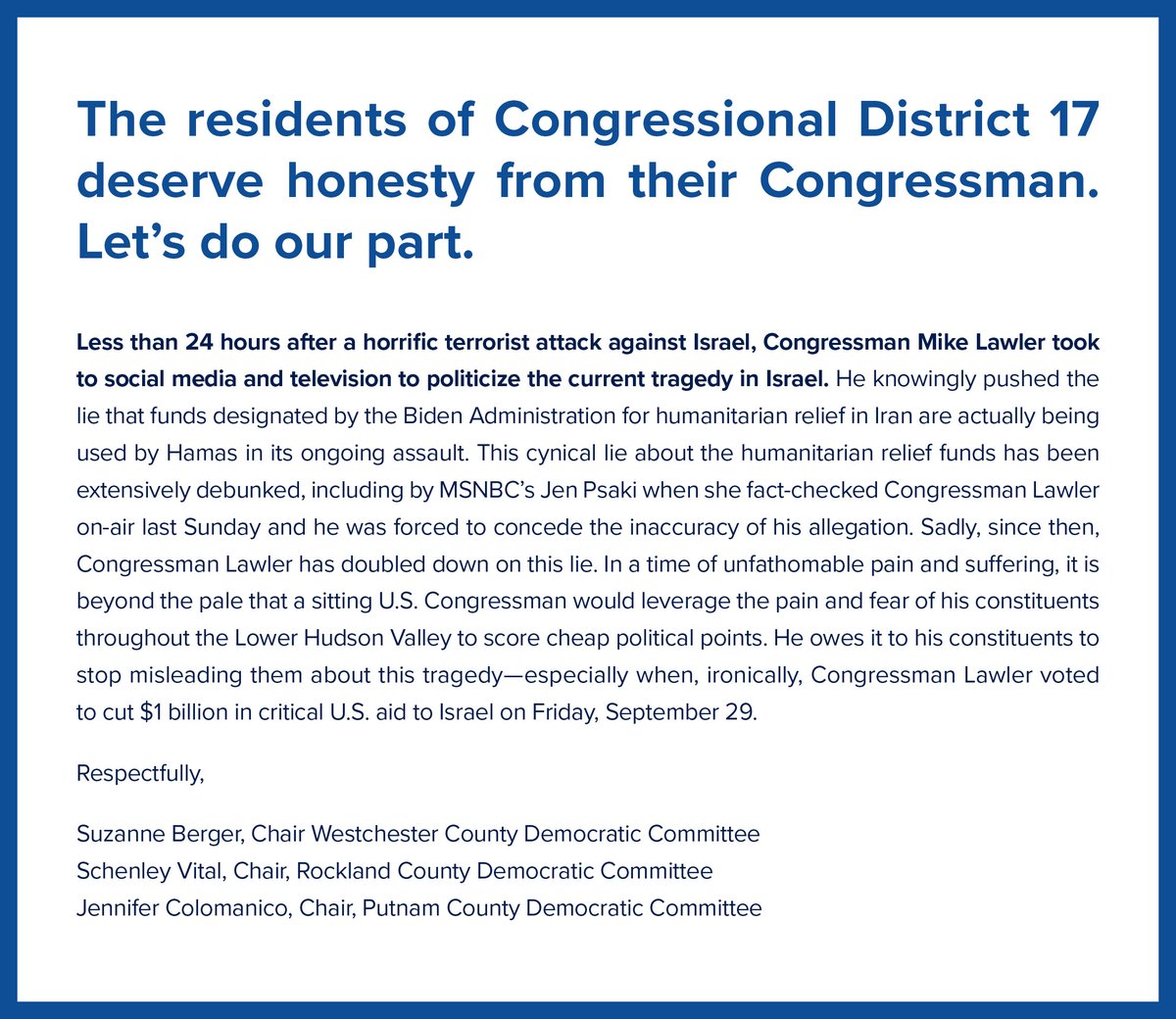 Statement from the chairs of the Westchester, Rockland, and Putnam county Democratic committees: