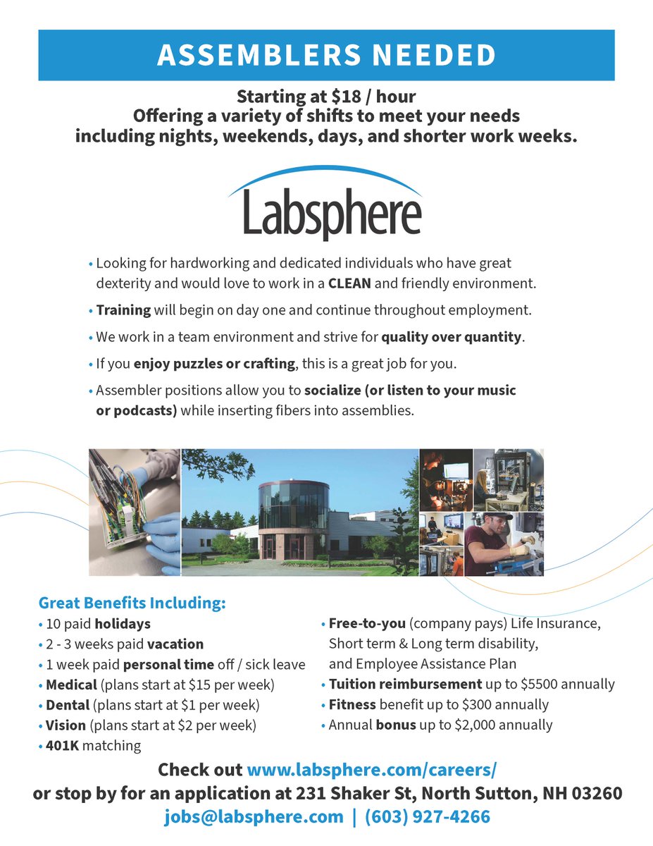 Come work with us! Choose your schedule and days, we will train. Full time, full (excellent) benefits! labsphere.com/careers/