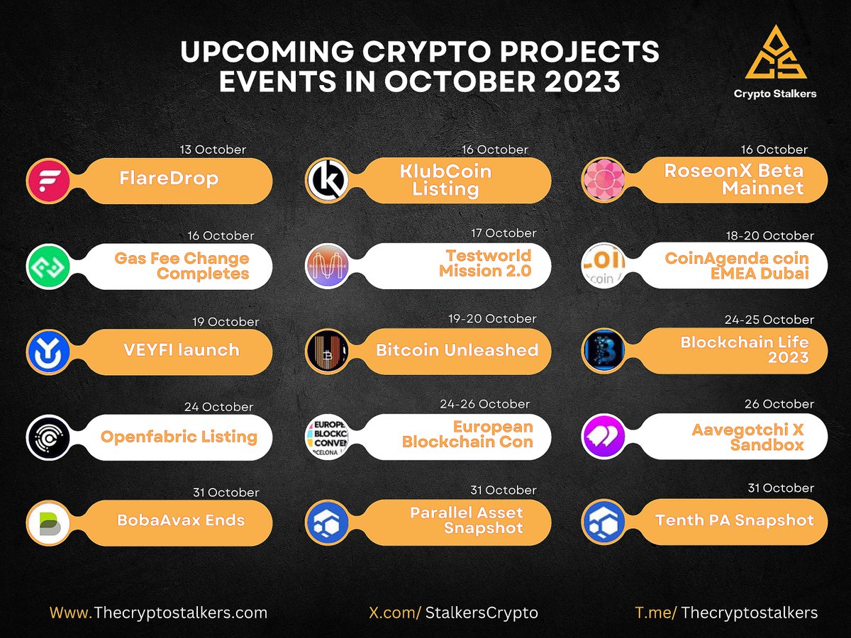 📍Upcoming crypto projects events in October 2023. 

✅ Nearest one is Flaredrop on 13th October and remaining ones we have mentioned in the graphic.

#upcomingprojects #binance #startups #Cryptocurency #BinanceBlockchainWeek