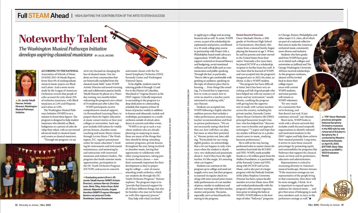 Congrats to our partners at <a href="/WashPathways/">Washington Musical Pathways Initiative</a> on this great feature in <a href="/Divinaction/">Diversity In Action</a> magazine! Check out the digital issue to learn more about WMPI's mission and hear how it impacts students like DCYOP bassoonist Oscar Machado Morón. bit.ly/46f7pRP