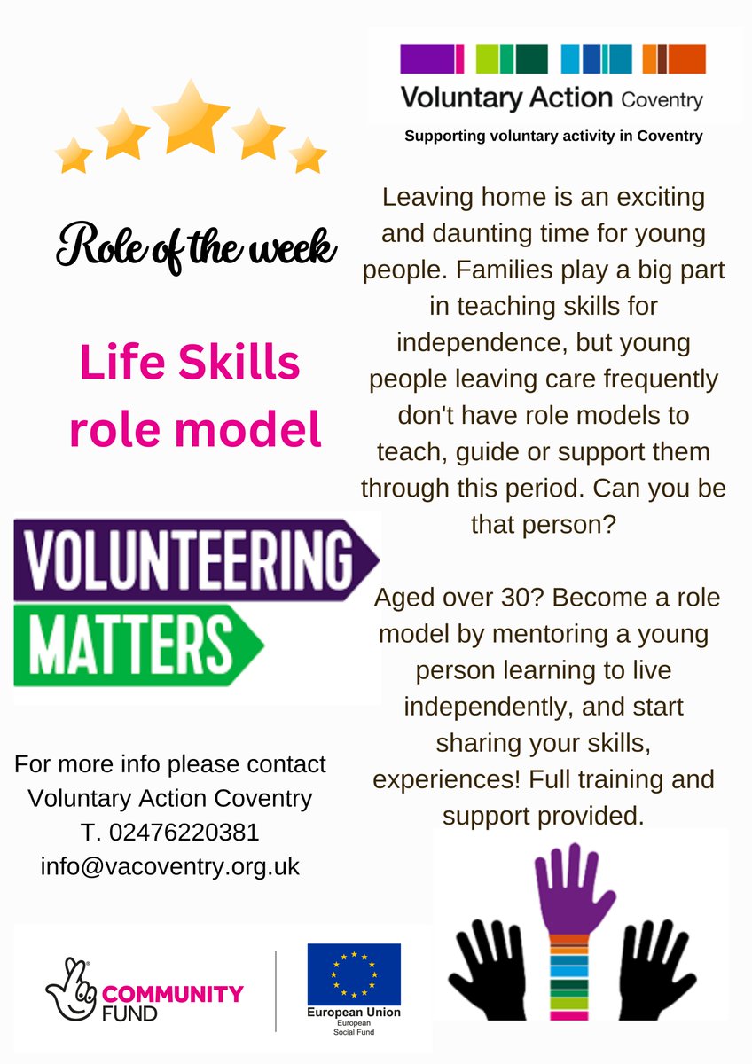 VACoventry's tweet photo. Got #lifeskills?  #Youngpeople aged 16-24 who are leaving, or have left, the care system require support to transition in to independence. Life Skills role model is our #RoleOfTheWeek!
@volunteering_uk
More: https://t.co/xYWsyt7uiJ
#voluntaryactioncoventry https://t.co/kpxMa6cyrV