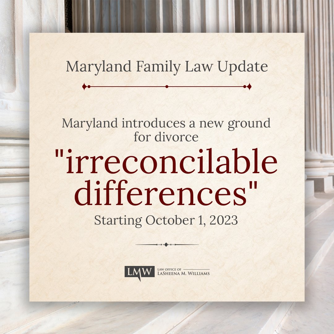LMWLegal's tweet image. Maryland Family Laws Update! What&apos;s Changing?

Starting October 1, 2023, the state of Maryland introduces a new ground for divorce: &quot;irreconcilable differences.&quot; 

#MarylandDivorce #LegalChanges #FamilyMatters #LegalUpdates