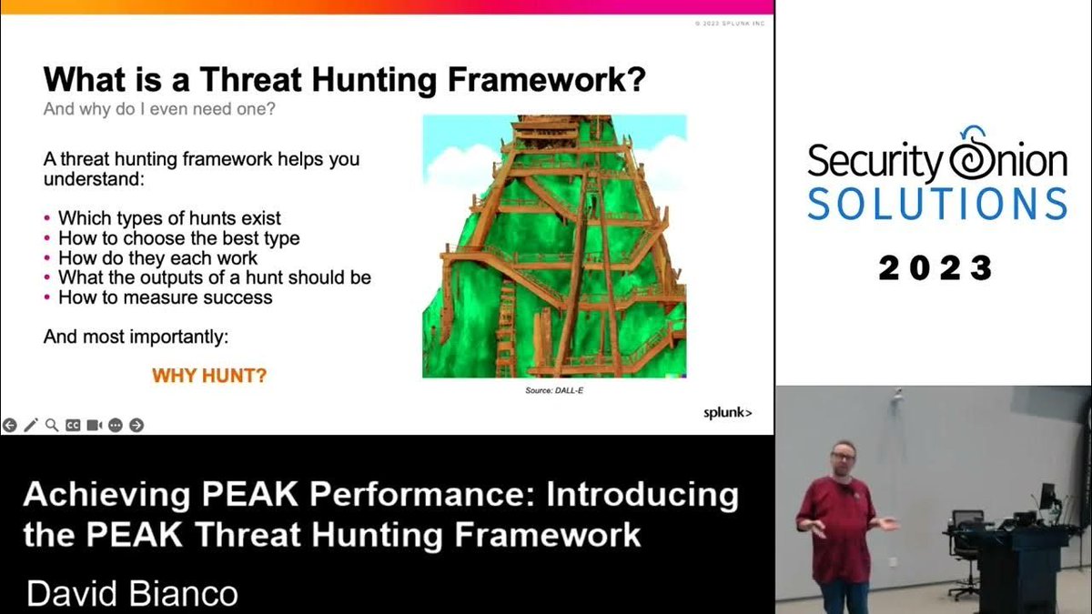 DavidJBianco's tweet photo. Hey, #ThreatHunting peeps! Video of my #SecurityOnion Conf 2023 talk last week, "Achieving #PEAK Performance: Introducing the PEAK Threat Hunting Framework" is out. If you're looking for a good introduction to the framework, this might be your lucky day!

https://t.co/sBqqRWh08Z https://t.co/hesAt7SOnf