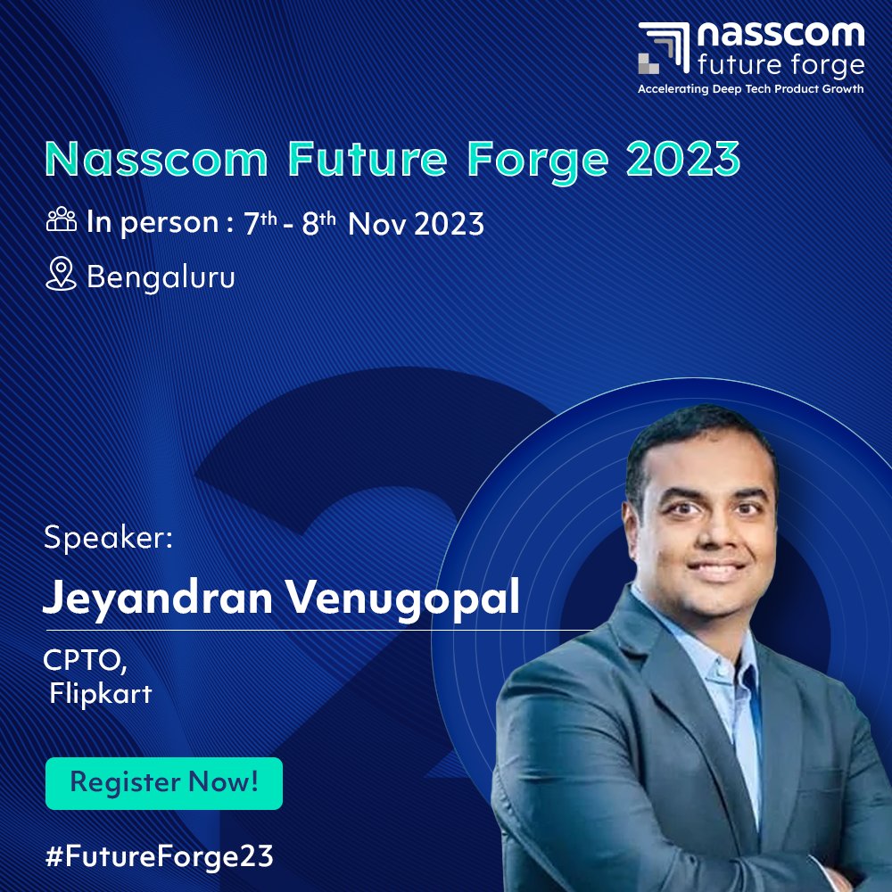 nasscomdeeptech's tweet photo. Introducing our speaker Jeyandran Venugopal (@jeyanv), CPTO of (@Flipkart), a luminary in the world of #technology and #innovation.
Gain insights from his experiences at #nasscomfutureforge
Register: https://t.co/AXuMdQYtuu
#futureforge2023
@nasscom @sangeetagupta29 @MKritika_ @ShaliniDewan @bgirisaballa @iamsharmashreya @nhl_pandya @prashantvrm011 @anuacharya @JUDEDERICK @1kunalbahl @padmajaian @snjyjn @taranagnext @arjun_pratap @nbhandari @atulbat @naganandd @PKGulati @ravigururaj @rajpanchat @SandeepBahl6 @ujwaltickoo @asaronwala @ashokchan @snlshekhawat @mhanchinmani @pal_palash @varchasrs