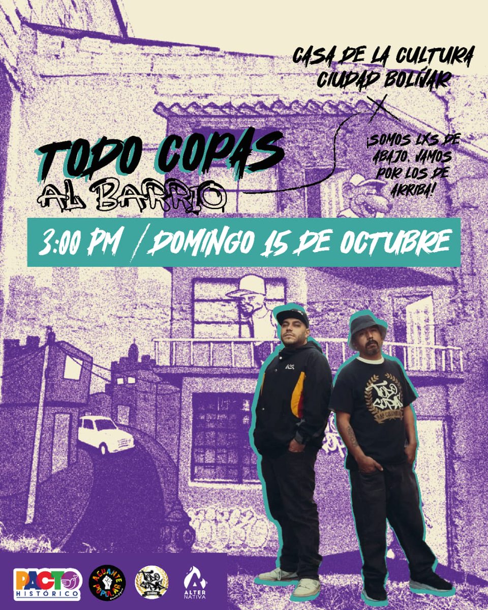 andrescamilo_rc's tweet photo. Este domingo tendremos un gran concierto con #TodoCopas y movimiento Hip Hop de #Bogotá.

Unimos las voces juveniles por el #PactoHistórico

@GustavoBolivar @heidy_up @BecerraGabo @BogotaPacta @DavidRacero @MafeCarrascal @AlirioUribeMuoz @tamaraargote @Donka_At @DavidFlorezBall https://t.co/2A0F5mOK29