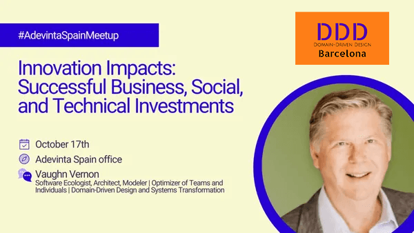 Next Tuesday 17th October from 18:30 to 20:30 join the #Meetup “Innovation Impacts: Successful Business, Social, and Technical Investments” by <a href="/VaughnVernon/">Vaughn Vernon</a>
Confirm your assistance at:
meetup.com/dddbcn/events/…… #DDD #DDDesign #DomainDrivenDesign #DDDBCN