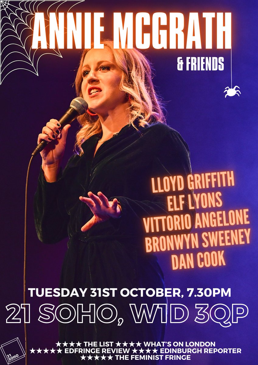 AnnieMcTweet's tweet photo. Spo0o0ooo0oOoOoky line-up this month @21Soho! @LloydGriffith @TheBron_Com @dancook100 #elflyons @thatvittorio 7.30pm, Tues 31st October #Halloween TICKETS: https://t.co/2ei1N6lXa3 @TktTxt 👻 https://t.co/E5ggJzalOT