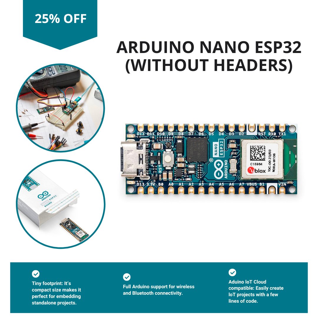 **On Sale** 
The Nano ESP32, a powerful addition to the Arduino ecosystem. It covers all your needs to kick-start your IoT or MicroPython project with ease.
t.ly/c6ugK
#nanoesp32 #arduino #micropython #Friday13th