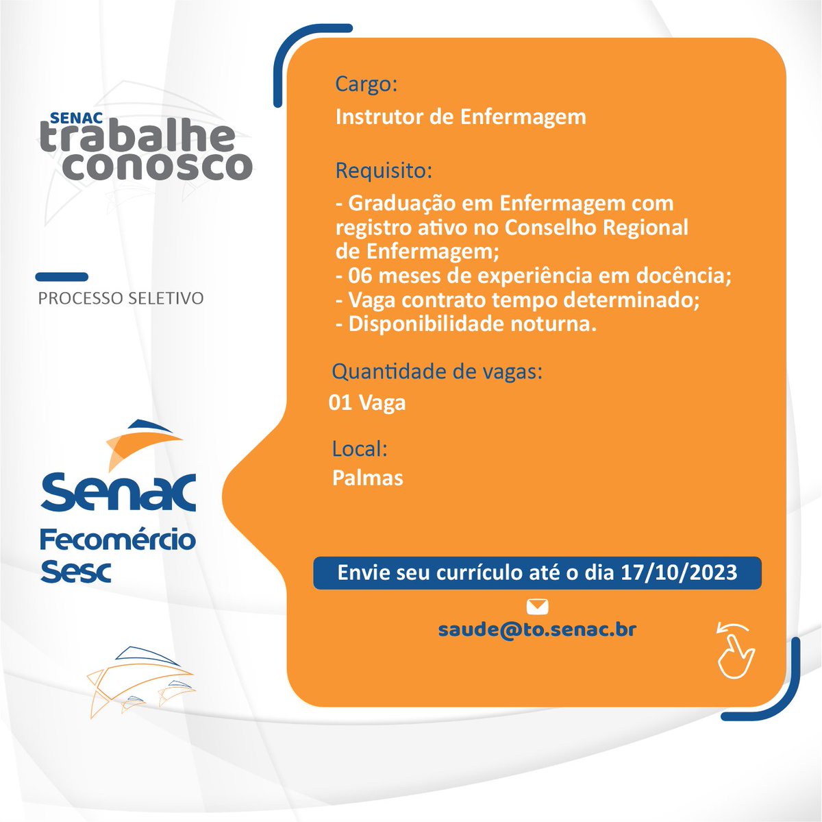 senacto's tweet photo. Quer fazer parte do Senac? 🤩 Envie seu currículo de acordo com a VAGA pretendida para os e-mails informados nos cards. Fique atento(a) para o prazo dos envios 😉
#oportunidade #vaga #vagadeemprego #senacto #senac #instrutor #podologia #enfermagem #gestão #tocantins #currículo https://t.co/C3olL24C6h