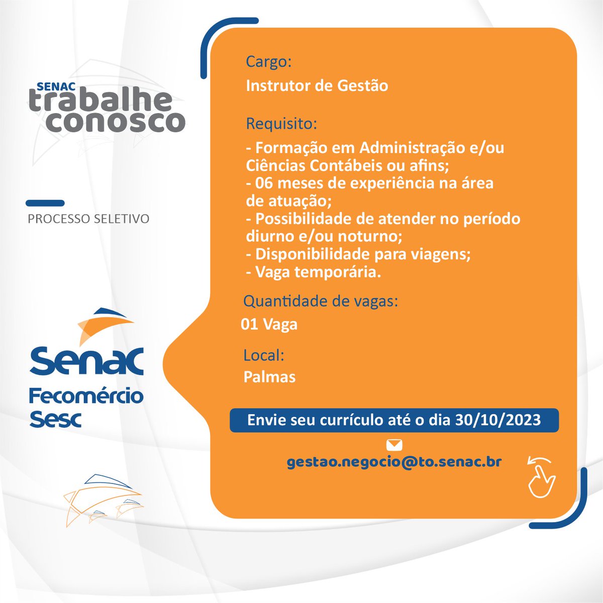 senacto's tweet photo. Quer fazer parte do Senac? 🤩 Envie seu currículo de acordo com a VAGA pretendida para os e-mails informados nos cards. Fique atento(a) para o prazo dos envios 😉
#oportunidade #vaga #vagadeemprego #senacto #senac #instrutor #podologia #enfermagem #gestão #tocantins #currículo https://t.co/C3olL24C6h