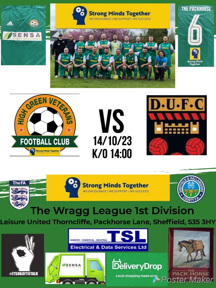 Back to league action this Saturday 14th Oct at home Vs Denaby United FC

Venue @leisureunited.s35.
Kick off 14:00

Match Day Kit Sponsors
@Sensa_Waste
@packhorsehighgreen

Match Ball Sponsor
@DeliveryDrop1

Pre-Match Tops Sponsor
@TSLElectrical