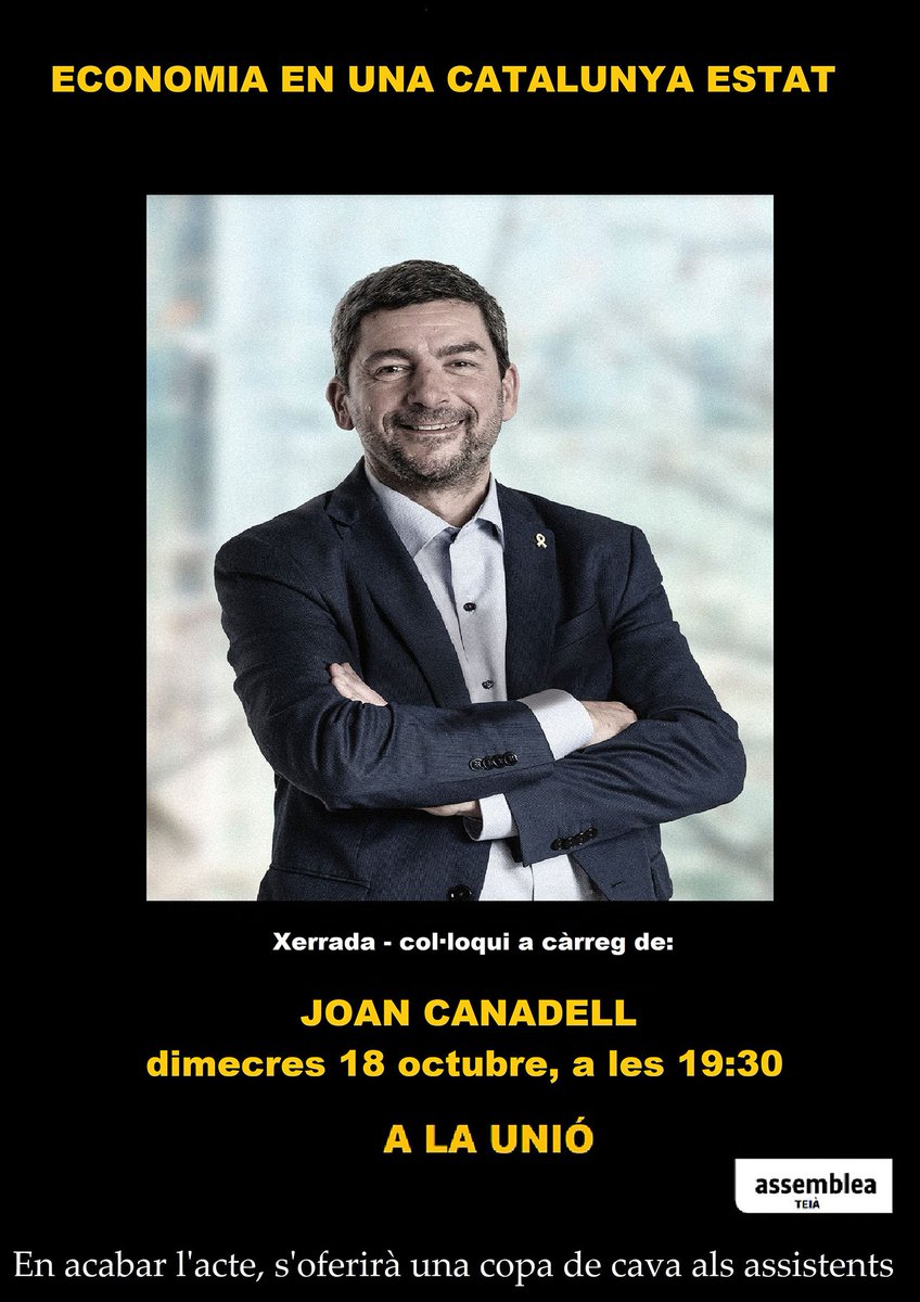 Com ens aniria la economía a Catalunya si fóssim un Estat Independent?
Joan Canadell, Dimecres, 18 d'octubre, a les 19:30 a LA UNIÓ, a Teià.