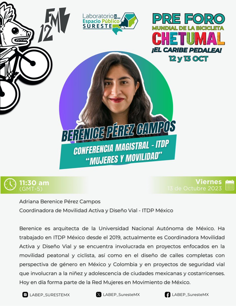¡Buenos días!
No se olviden de acompañarnos, hoy es el segundo día del Pre foro mundial de la bicicleta ¡Chetumal el caribe pedalea! 
No se pierdan la conferencia …🧵👇🏽👇🏽👇🏽