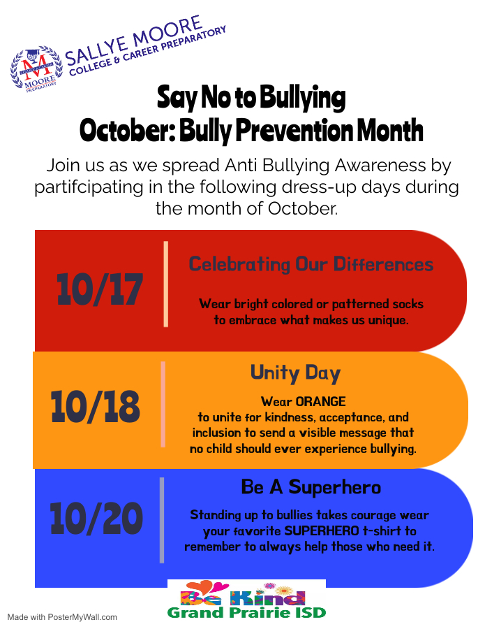 SMCounselorNeal's tweet photo. Sallye Moore Parents: In honor of October being Bully Prevention Month join us as we bring awareness to bully prevention by participating in the dress up days. @GPISDCounseling #gpisdbekind #bullyingpreventionmonth https://t.co/dwsK4RUXMG