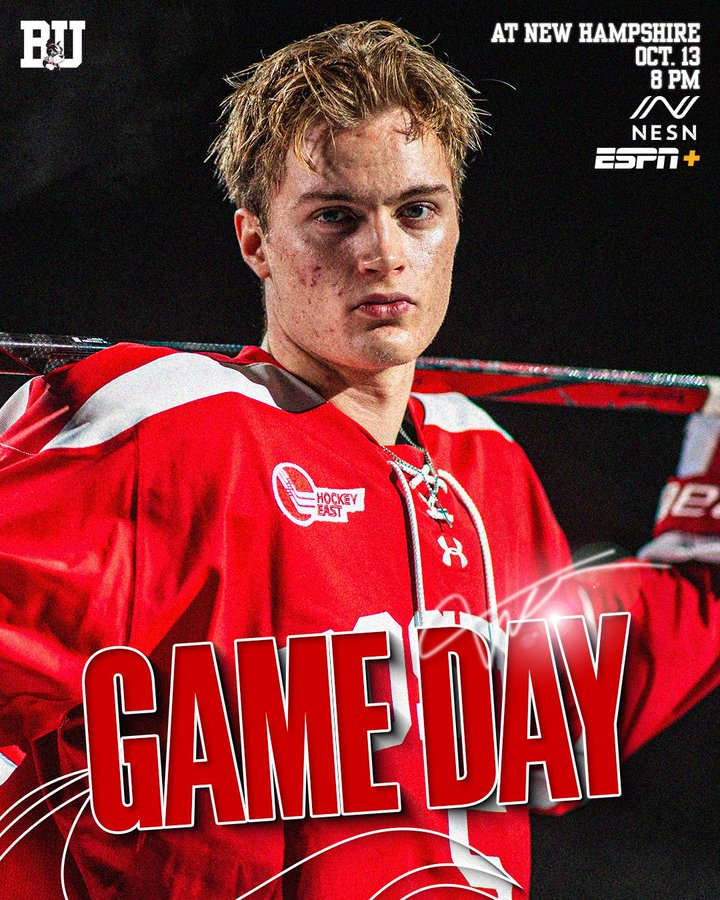 Game Day graphic featuring posed photo of Tom Willander in a red jersey. BU at New Hampshire, Oct. 13, 8 PM, NESN and ESPN+