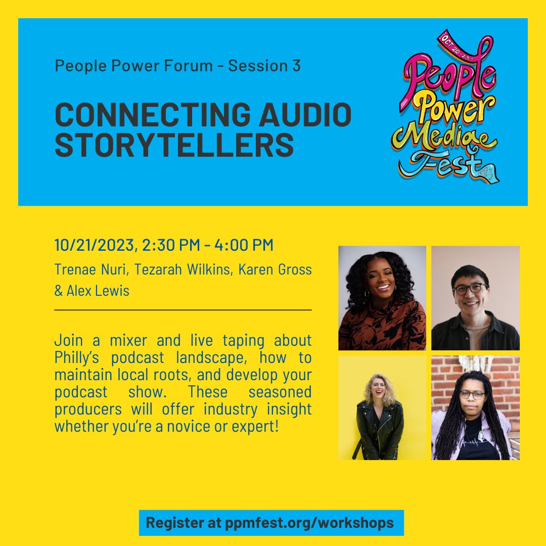 1) @PhillyCAM's People Power Media Fest is taking place 10/20-10/23 (ppmfest.org). I'm part of this panel 'Connecting Audio Storytellers' on Saturday 10/21 with old and new audio buddies @TrenaeNuri, Tezarah Wilkins, and Karen Gross phillycam.app.neoncrm.com/np/clients/phi…