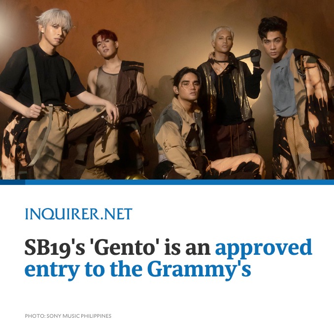 ‘DI KA BASTA-BASTA MAKAKAKITA NITO!’ 🏆 P-pop global sensation SB19 has once again made history as their hit song “Gento” was chosen as an approved entry for the 66th Grammy Awards, Sony Music Philippines confirms. “Gento” made it an approved entry for the Best Pop Duo/Group