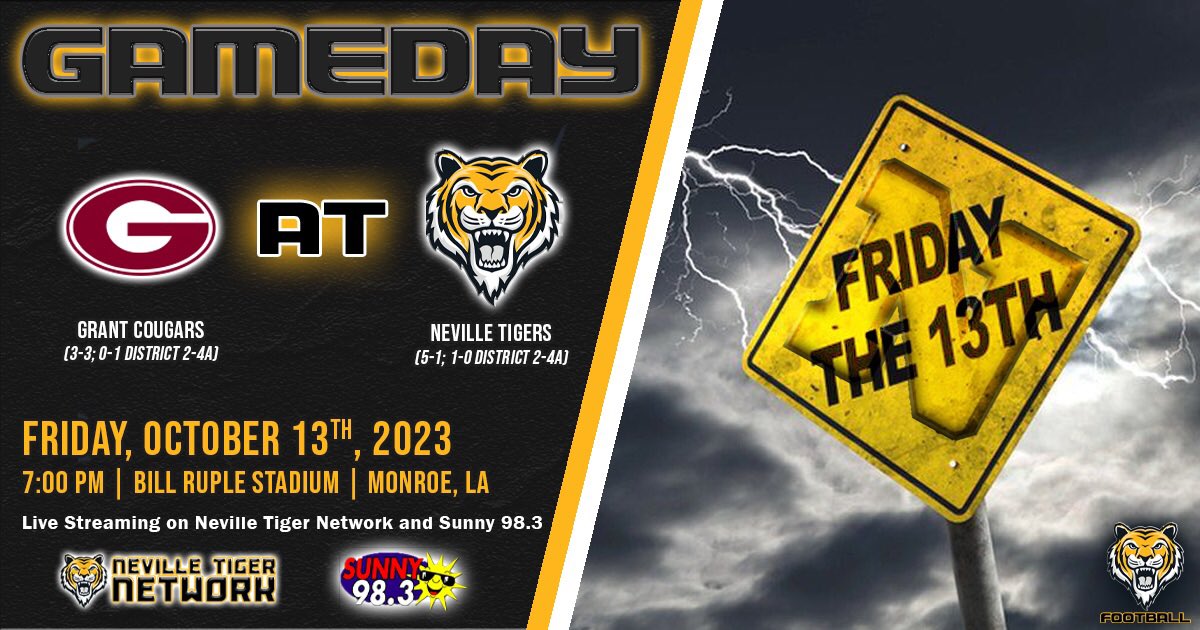nevillenetwork's tweet photo. 𝗚𝗮𝗺𝗲𝗱𝗮𝘆.
@NevilleTigersFB host the Grant Cougars tonight for a District 2-4A match-up.
🆚 Grant
🏟️ Bill Ruple Stadium
📍 Monroe, Louisiana
⏰ 7:00 PM
🎫 $10 admission
📺 @nevillenetwork
📻 @sunny983
If you are unable make it to Bill Ruple Stadium, you can watch live on https://t.co/9fgyMkZs85 or Neville Tiger Network YouTube Page (https://t.co/goYnVnS05l).