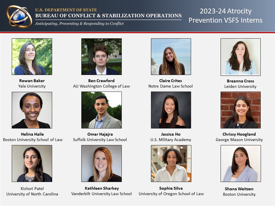 CSO welcomes our 2023-24 Virtual Student Federal Service interns. They will focus on our #AtrocityPrevention mission and help us anticipate, prevent, and respond to atrocities in cooperation with the interagency Atrocity Prevention Task Force. @VSFSatState