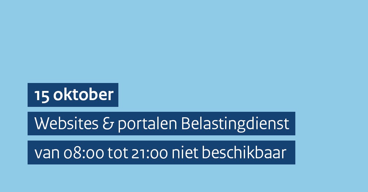 Op zondag 15 oktober zijn onze websites en portalen niet beschikbaar tussen 08:00 en uiterlijk 21:00 uur. Er wordt onderhoud gepleegd. Inloggen op Mijn Belastingdienst is dan niet mogelijk: belastingdienst.nl/wps/wcm/connec…