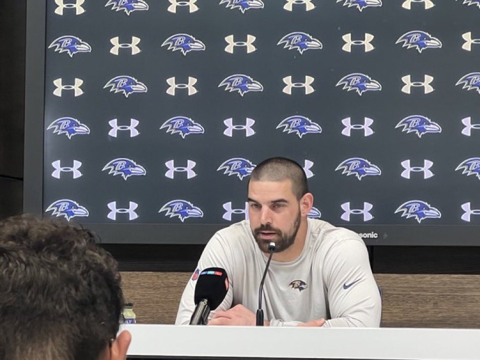 NflTranslator's tweet image. Mark said, “We’re fortunate we came early. Not so easy to do.” 
Well tell us the secret, Mark. 😂 
#RavensFlock #NFLHumor