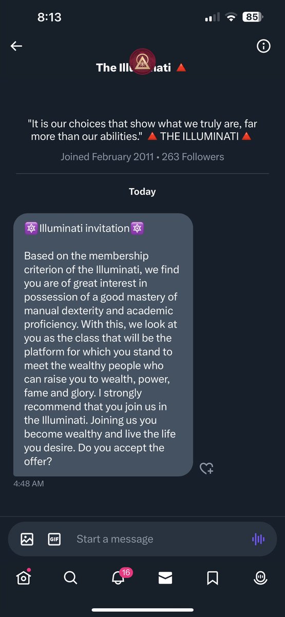 This is a #Scammer 
@ILLUMINATIAM
@illuminatiMP 
@safety 
@verified
#Report and #Block this profile
@followpyramid_  

The Illuminati does not offer riches for joining. There are no grandmasters.