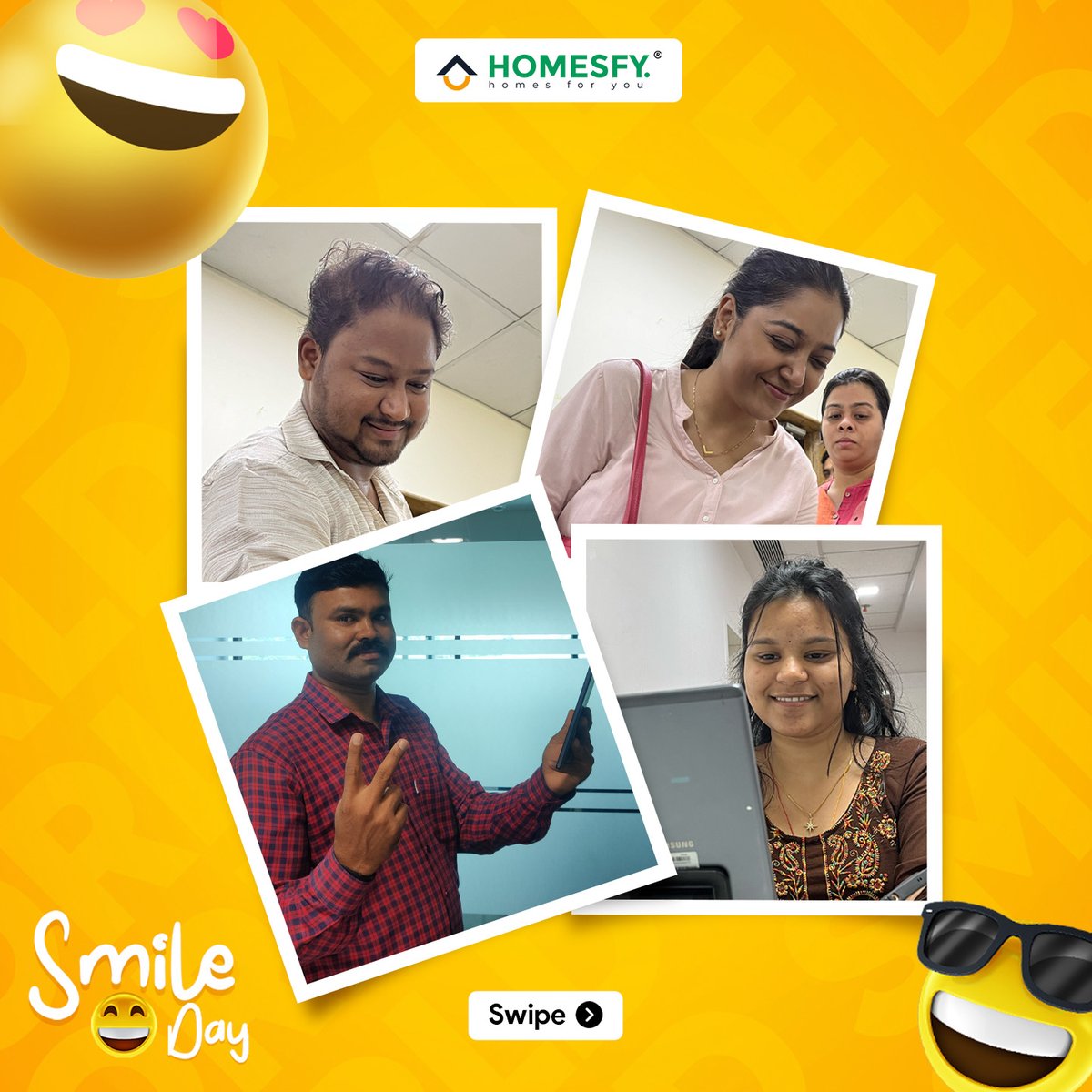 Fun Fact: Smiling elevates #productivity and reduces stress levels!

At #Homesfy, we marked #Smile Day with a delightful selfie while marking clock-ins, kickstarting a day brimming with positivity and efficiency. 😄

A hearty salute to our Homies for spreading joy!