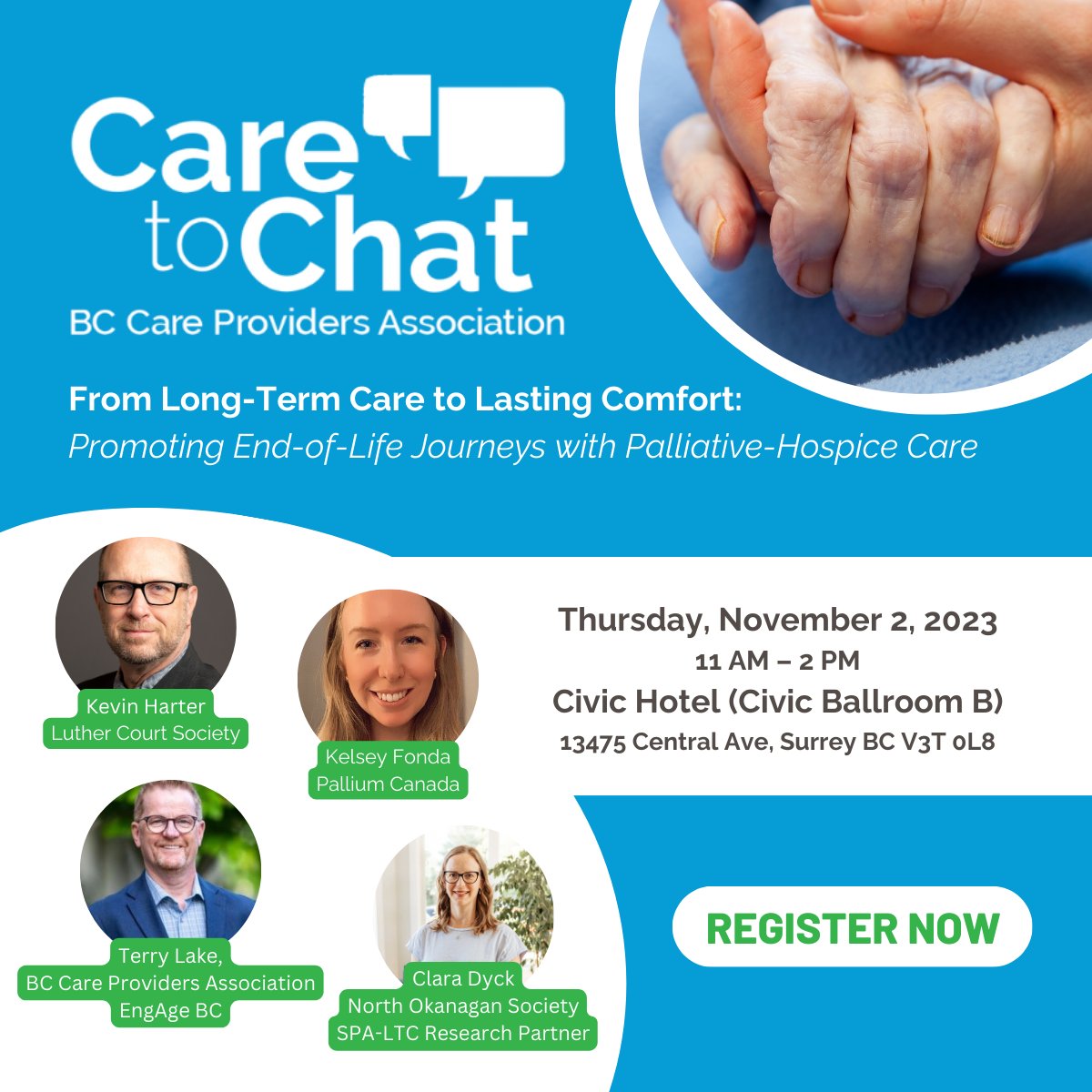 Interested in enhancing the quality of palliative care in long-term care? Join @bccareproviders as they kick off the 11thseason of #CaretoChat on November 2nd at Surrey’s Civic Hotel. Don’t delay – Purchase your ticket now! bccare.member365.com/public/event/d…